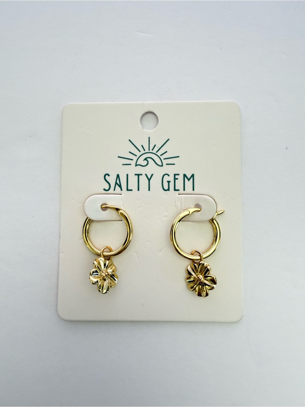 NWT Salty Gem Flor Gold Hoop Earrings Flower Charm Sterling Silver Base